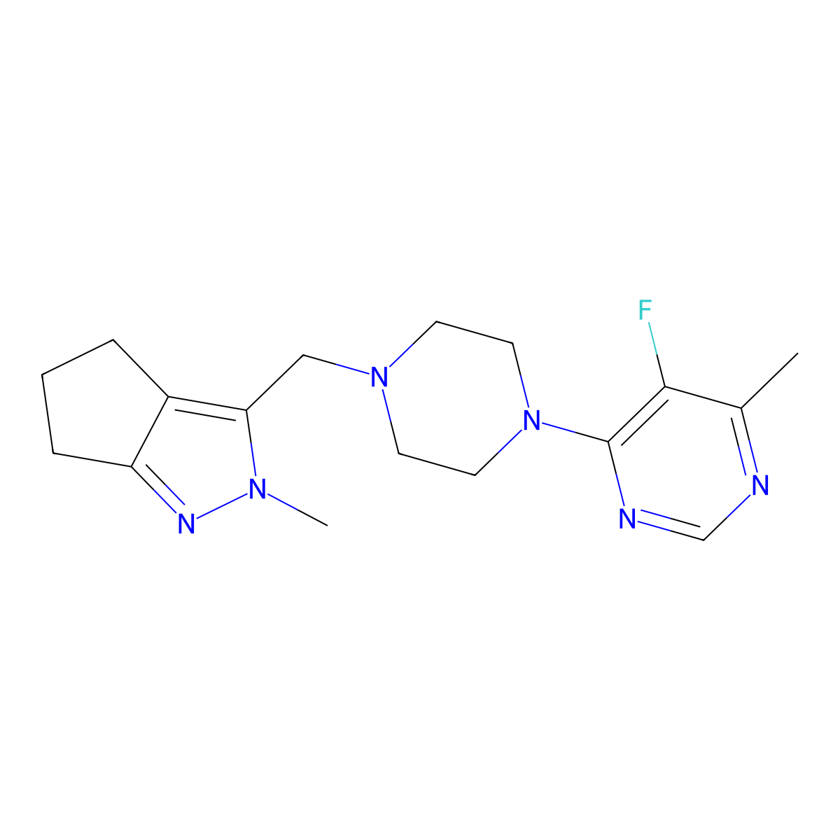 5-fluoro-4-methyl-6-[4-({2-methyl-2H,4H,5H,6H-cyclopenta[c]pyrazol-3-yl}methyl)piperazin-1-yl]pyrimidine molecular structure, CAS 2380099-08-9