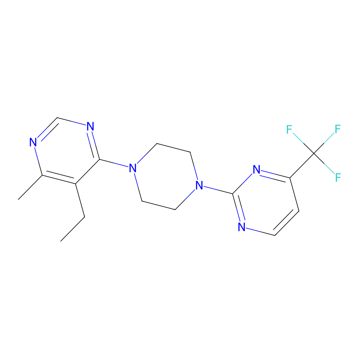5-Ethyl-4-methyl-6-{4-[4-(trifluoromethyl)pyrimidin-2-yl]piperazin-1-yl}pyrimidine molecular structure, CAS 2380099-13-6