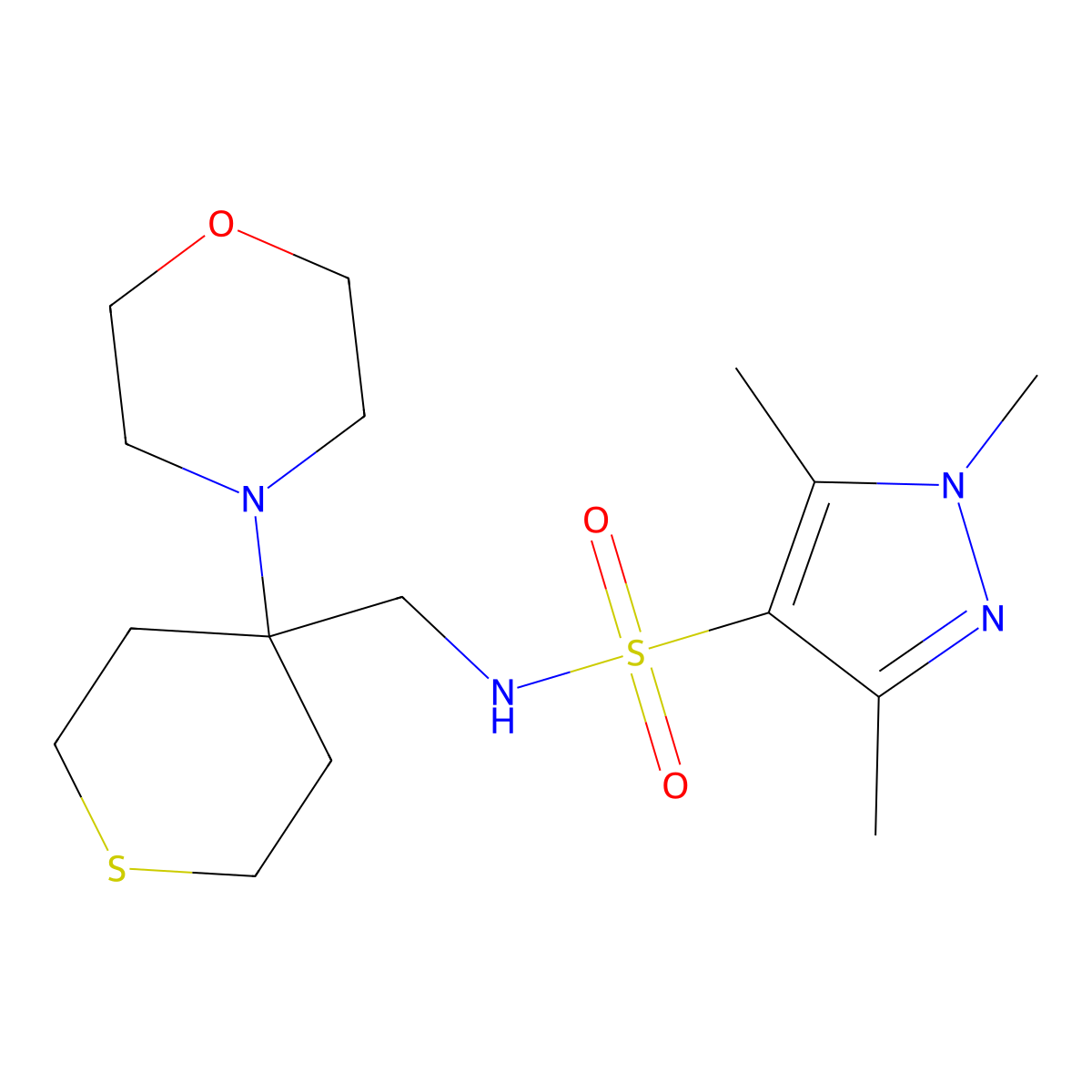 1,3,5-trimethyl-N-{[4-(morpholin-4-yl)thian-4-yl]methyl}-1H-pyrazole-4-sulfonamide molecular structure, CAS 2380099-14-7