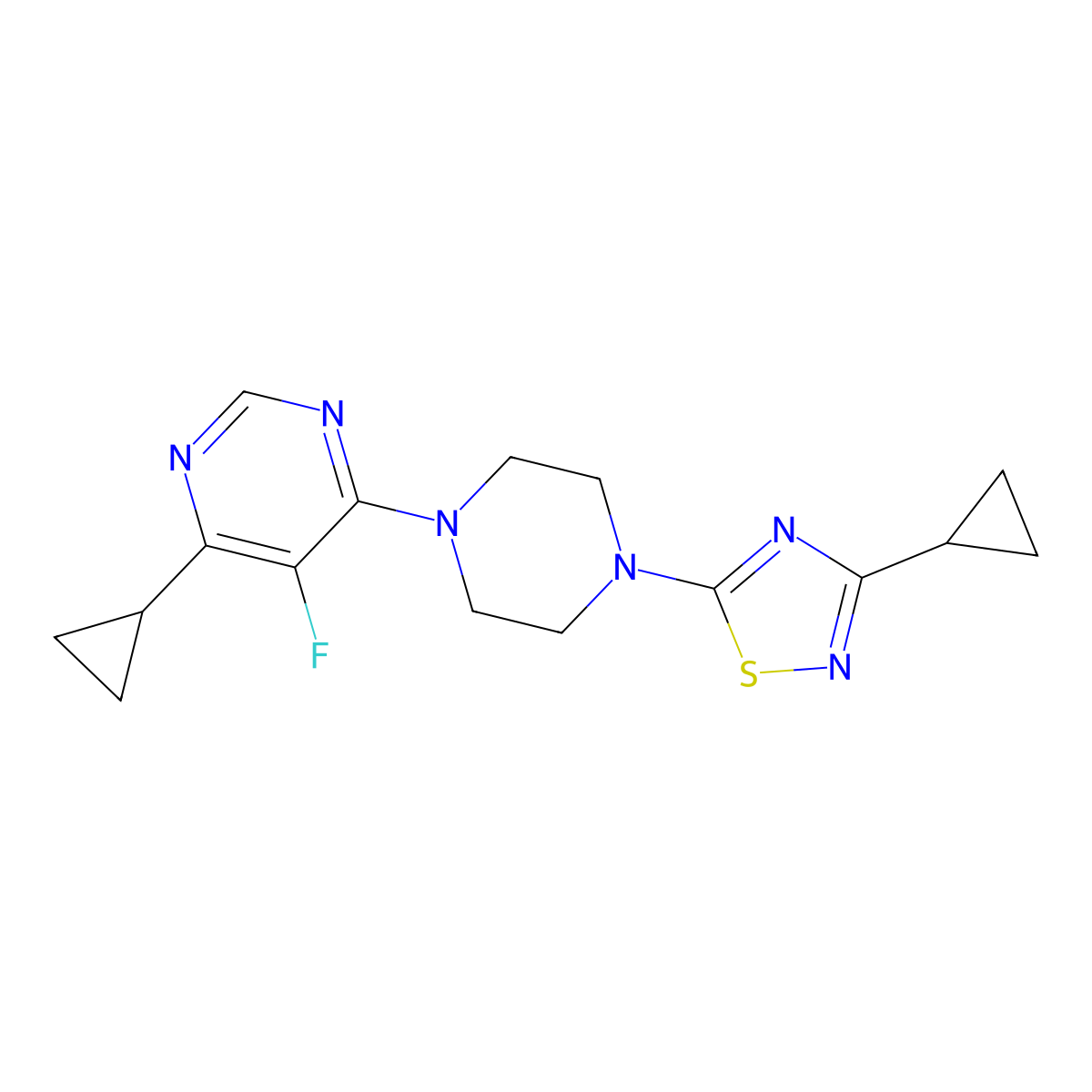 4-Cyclopropyl-6-[4-(3-cyclopropyl-1,2,4-thiadiazol-5-yl)piperazin-1-yl]-5-fluoropyrimidine molecular structure, CAS 2380099-23-8
