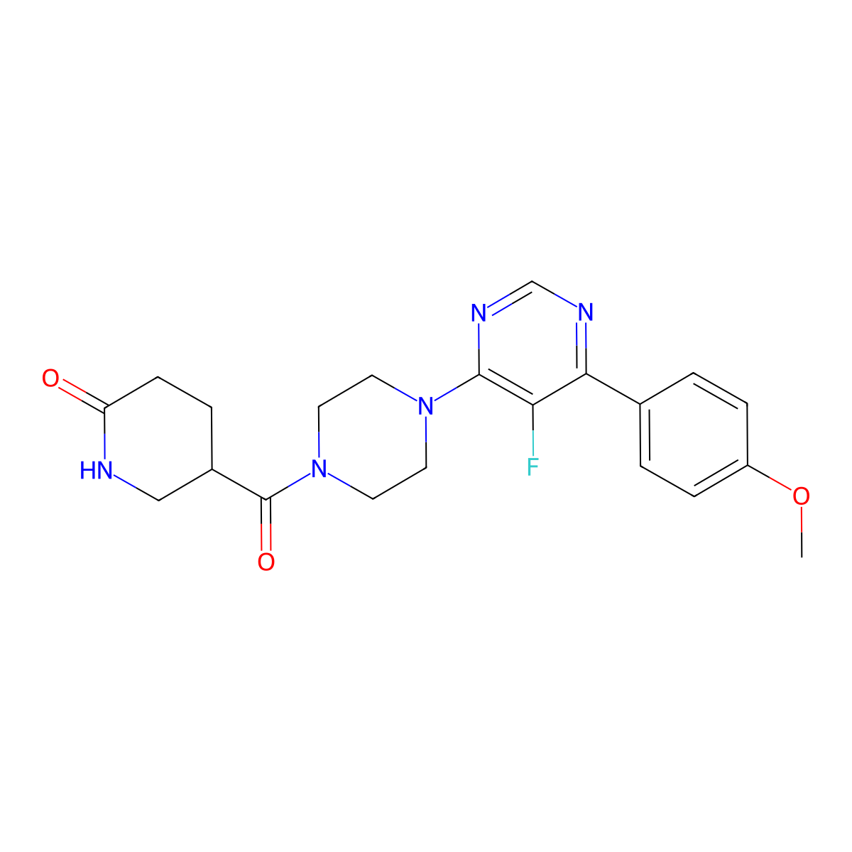5-{4-[5-Fluoro-6-(4-methoxyphenyl)pyrimidin-4-yl]piperazine-1-carbonyl}piperidin-2-one molecular structure, CAS 2380099-99-8