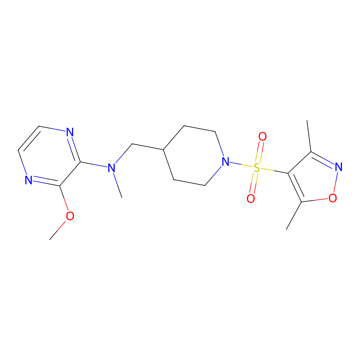 N-({1-[(3,5-dimethyl-1,2-oxazol-4-yl)sulfonyl]piperidin-4-yl}methyl)-3-methoxy-N-methylpyrazin-2-amine molecular structure, CAS 2380100-03-6