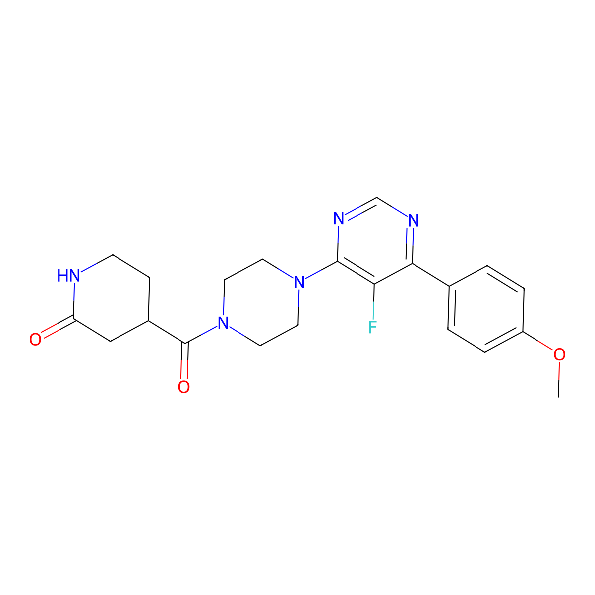 4-{4-[5-Fluoro-6-(4-methoxyphenyl)pyrimidin-4-yl]piperazine-1-carbonyl}piperidin-2-one molecular structure, CAS 2380100-10-5