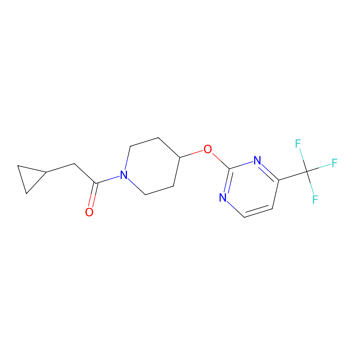 2-Cyclopropyl-1-(4-{[4-(trifluoromethyl)pyrimidin-2-yl]oxy}piperidin-1-yl)ethan-1-one molecular structure, CAS 2380100-27-4
