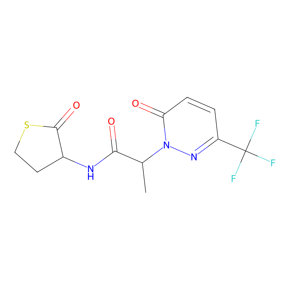 2-[6-oxo-3-(trifluoromethyl)-1,6-dihydropyridazin-1-yl]-N-(2-oxothiolan-3-yl)propanamide molecular structure, CAS 2380100-48-9
