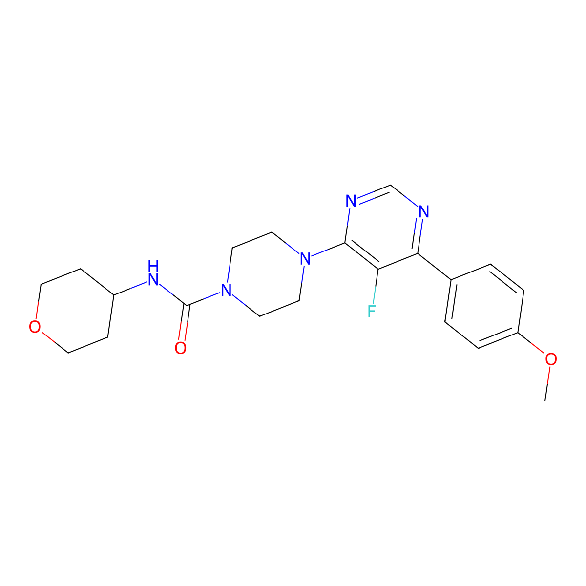 4-[5-Fluoro-6-(4-methoxyphenyl)pyrimidin-4-yl]-N-(oxan-4-yl)piperazine-1-carboxamide molecular structure, CAS 2380100-62-7