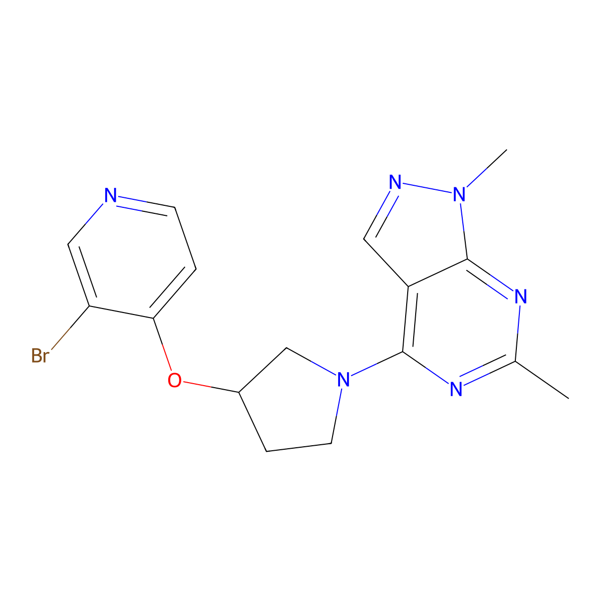 3-bromo-4-[(1-{1,6-dimethyl-1H-pyrazolo[3,4-d]pyrimidin-4-yl}pyrrolidin-3-yl)oxy]pyridine molecular structure, CAS 2380100-66-1