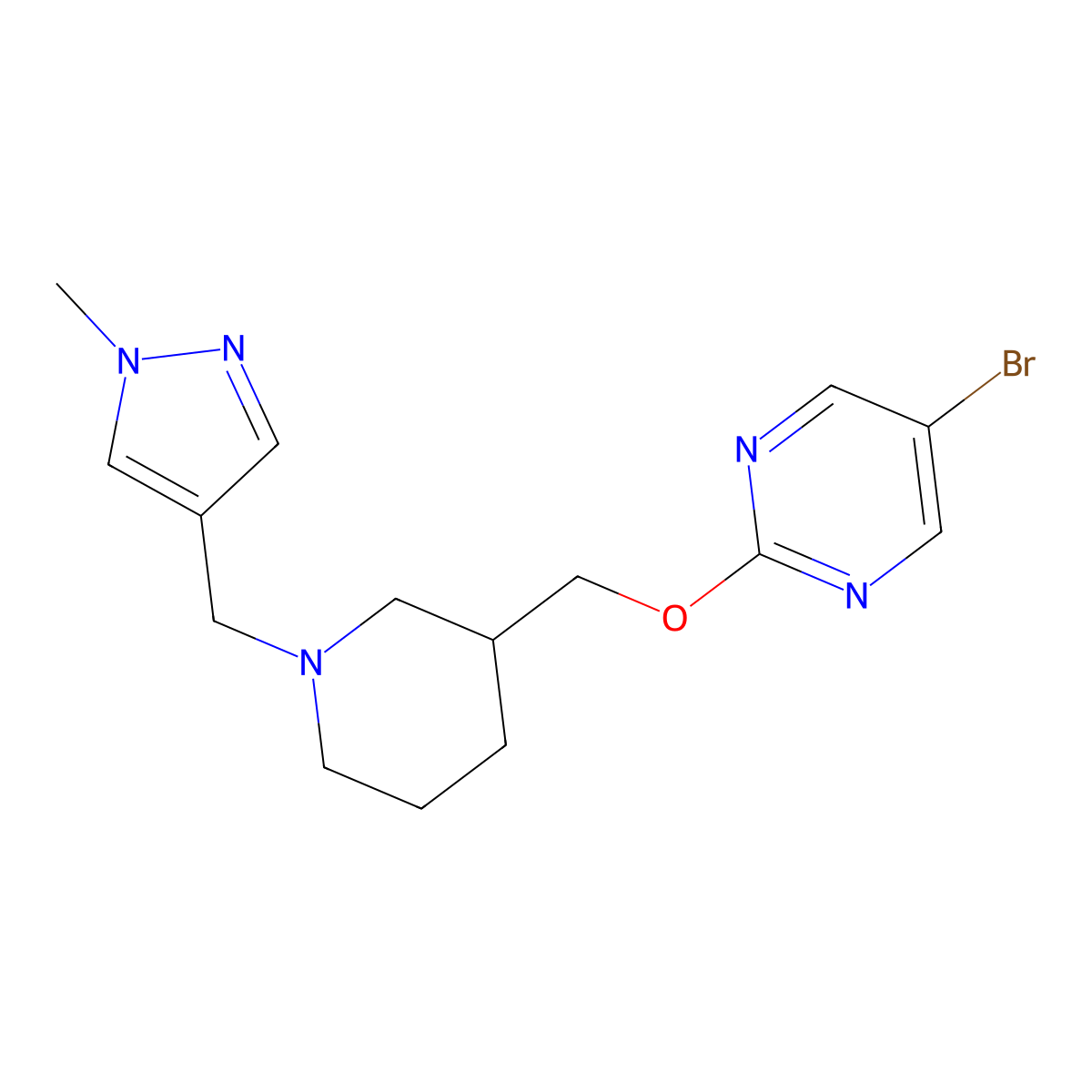 5-bromo-2-({1-[(1-methyl-1H-pyrazol-4-yl)methyl]piperidin-3-yl}methoxy)pyrimidine molecular structure, CAS 2380101-15-3