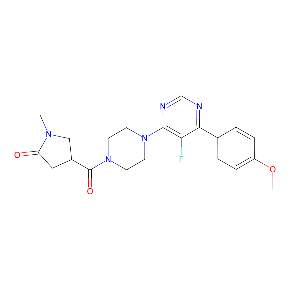 4-{4-[5-Fluoro-6-(4-methoxyphenyl)pyrimidin-4-yl]piperazine-1-carbonyl}-1-methylpyrrolidin-2-one molecular structure, CAS 2380140-68-9
