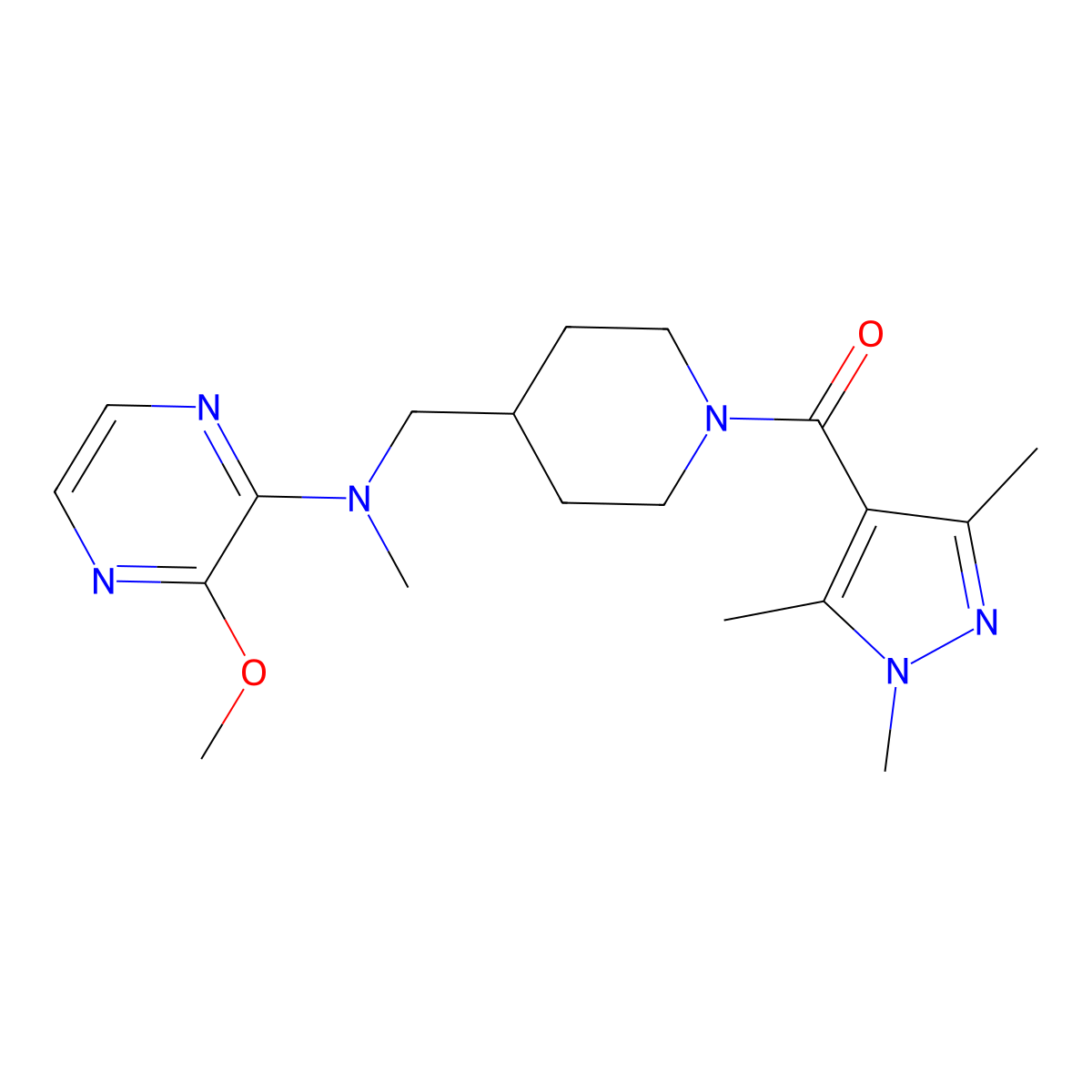 3-methoxy-N-methyl-N-{[1-(1,3,5-trimethyl-1H-pyrazole-4-carbonyl)piperidin-4-yl]methyl}pyrazin-2-amine molecular structure, CAS 2380140-73-6