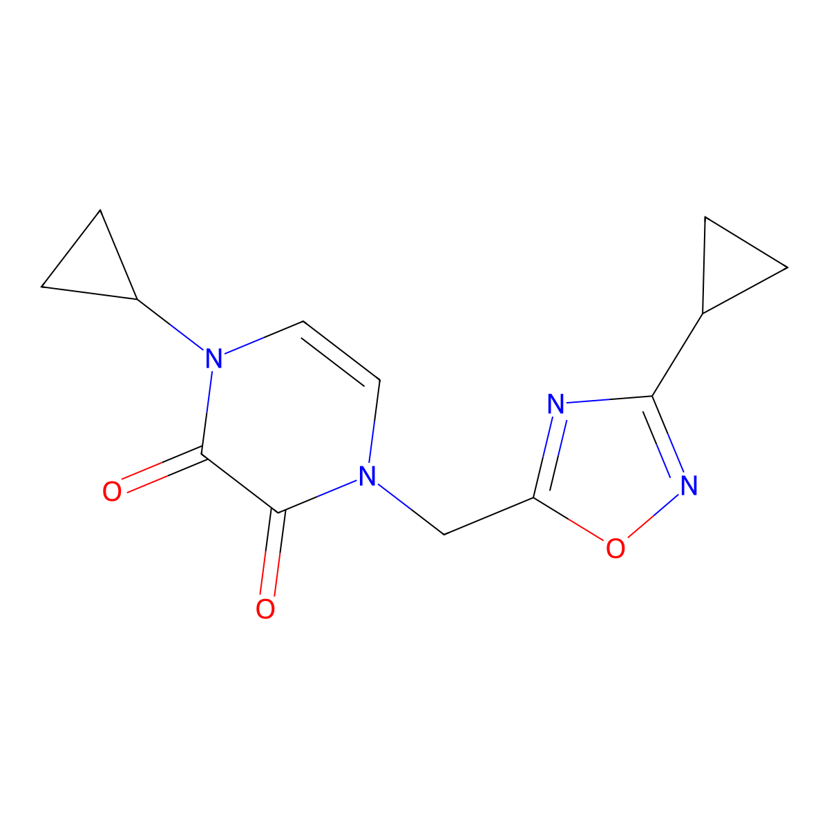 1-Cyclopropyl-4-[(3-cyclopropyl-1,2,4-oxadiazol-5-yl)methyl]-1,2,3,4-tetrahydropyrazine-2,3-dione molecular structure, CAS 2380140-91-8