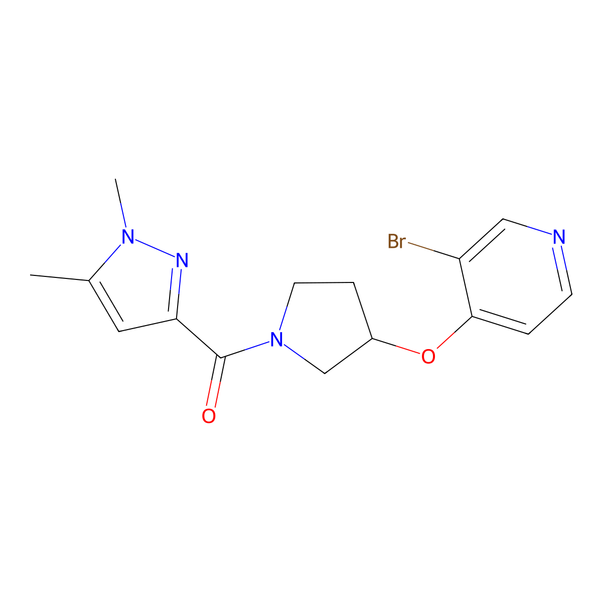 3-bromo-4-{[1-(1,5-dimethyl-1H-pyrazole-3-carbonyl)pyrrolidin-3-yl]oxy}pyridine molecular structure, CAS 2380140-99-6