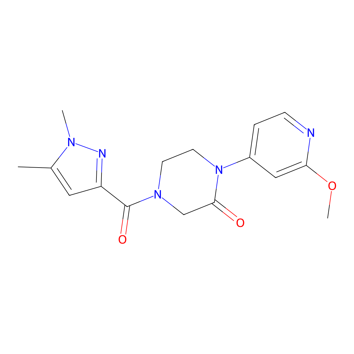 4-(1,5-dimethyl-1H-pyrazole-3-carbonyl)-1-(2-methoxypyridin-4-yl)piperazin-2-one molecular structure, CAS 2380141-10-4