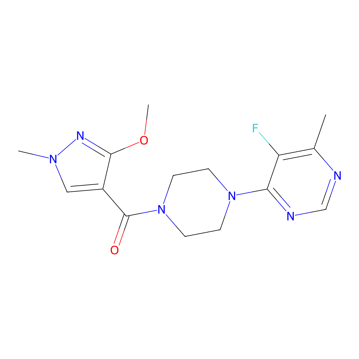 5-fluoro-4-[4-(3-methoxy-1-methyl-1H-pyrazole-4-carbonyl)piperazin-1-yl]-6-methylpyrimidine molecular structure, CAS 2380141-17-1
