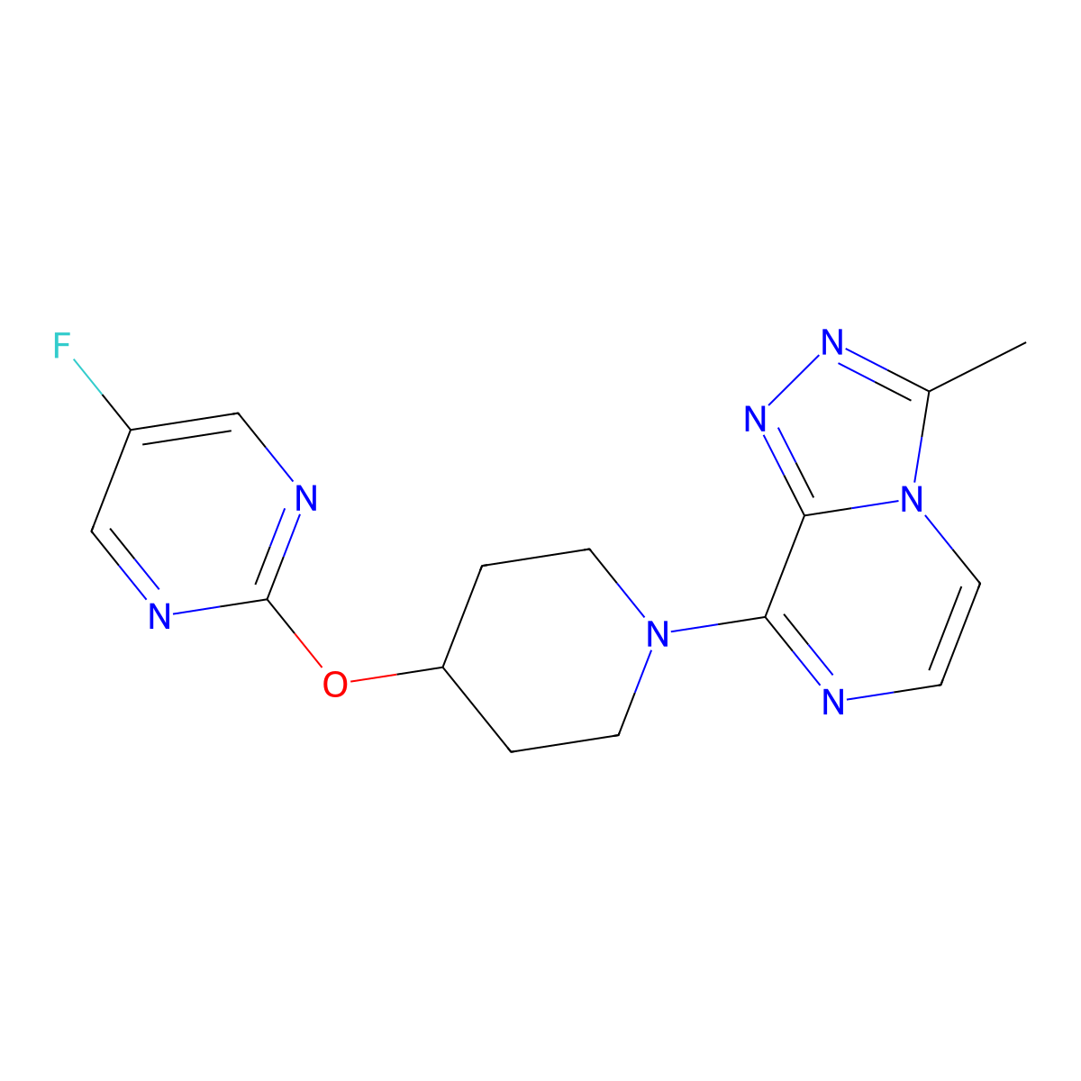 5-Fluoro-2-[(1-{3-methyl-[1,2,4]triazolo[4,3-a]pyrazin-8-yl}piperidin-4-yl)oxy]pyrimidine molecular structure, CAS 2380141-57-9