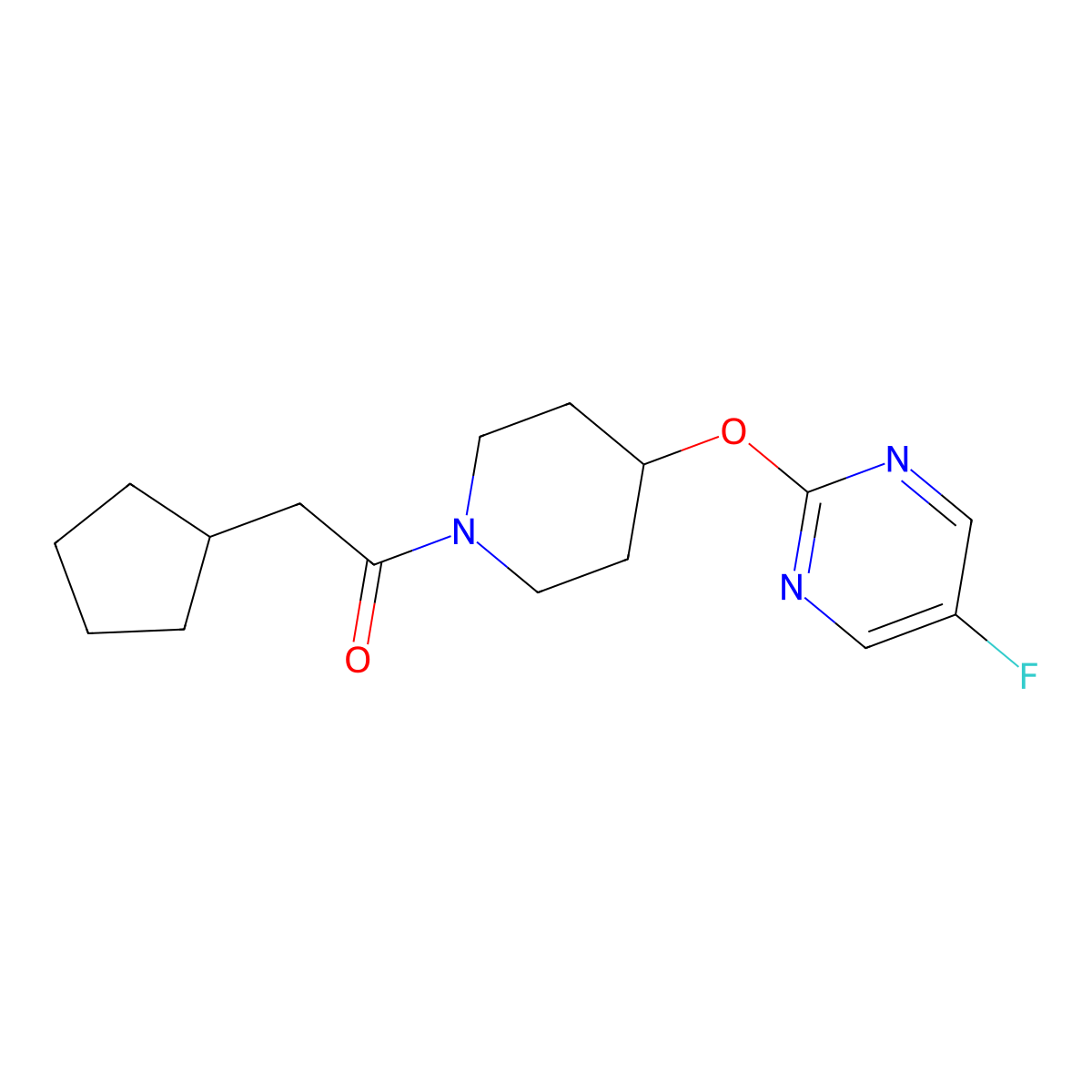 2-Cyclopentyl-1-{4-[(5-fluoropyrimidin-2-yl)oxy]piperidin-1-yl}ethan-1-one molecular structure, CAS 2380141-60-4