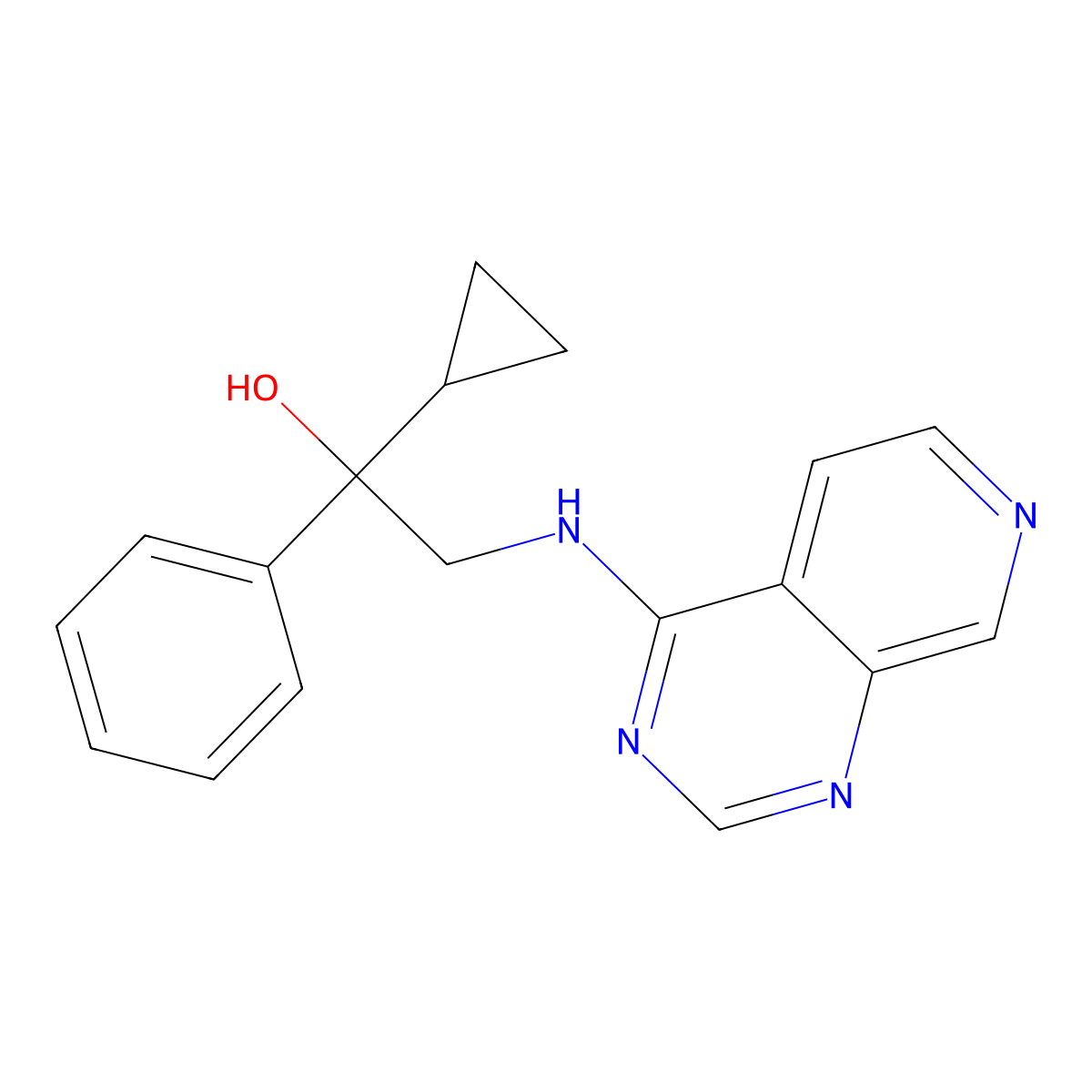1-Cyclopropyl-1-phenyl-2-({pyrido[3,4-d]pyrimidin-4-yl}amino)ethan-1-ol molecular structure, CAS 2380141-90-0