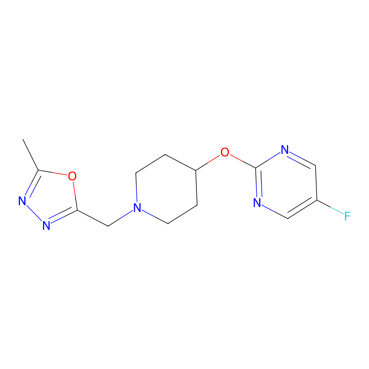 5-Fluoro-2-({1-[(5-methyl-1,3,4-oxadiazol-2-yl)methyl]piperidin-4-yl}oxy)pyrimidine molecular structure, CAS 2380141-92-2