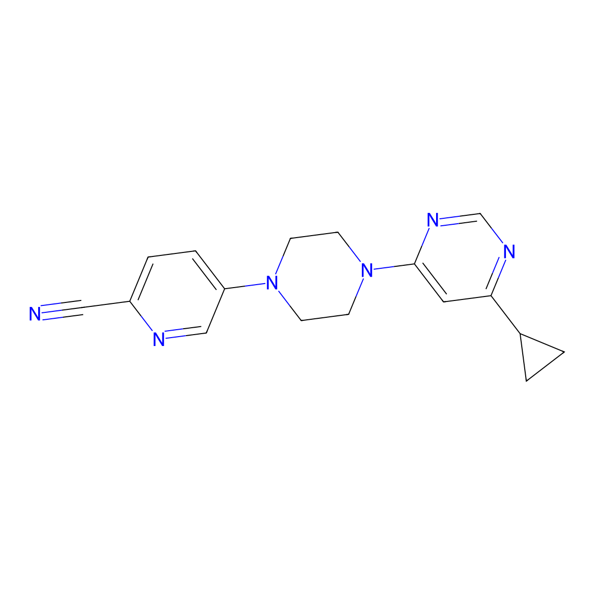 5-[4-(6-Cyclopropylpyrimidin-4-yl)piperazin-1-yl]pyridine-2-carbonitrile molecular structure, CAS 2380142-03-8