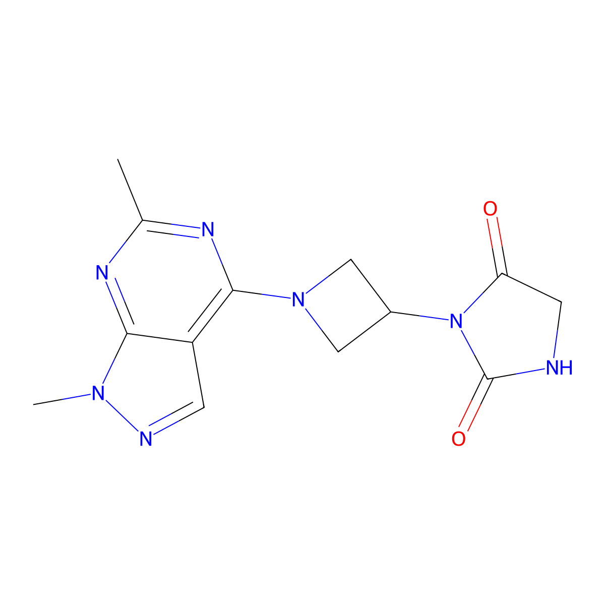3-(1-{1,6-dimethyl-1H-pyrazolo[3,4-d]pyrimidin-4-yl}azetidin-3-yl)imidazolidine-2,4-dione molecular structure, CAS 2380142-20-9
