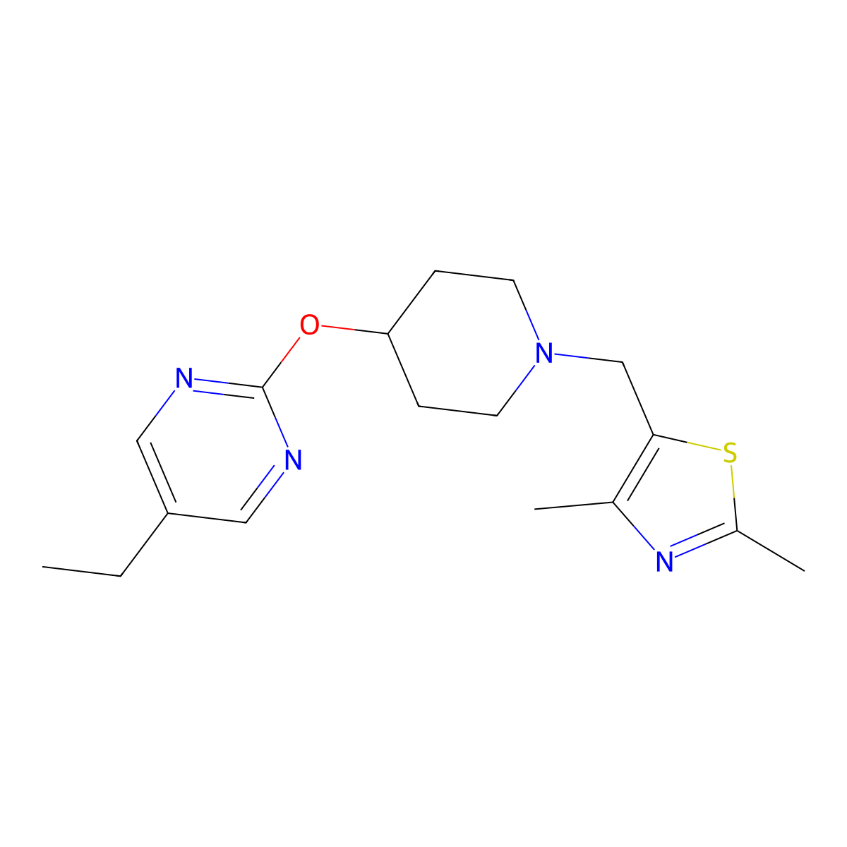 2-({1-[(2,4-Dimethyl-1,3-thiazol-5-yl)methyl]piperidin-4-yl}oxy)-5-ethylpyrimidine molecular structure, CAS 2380142-36-7