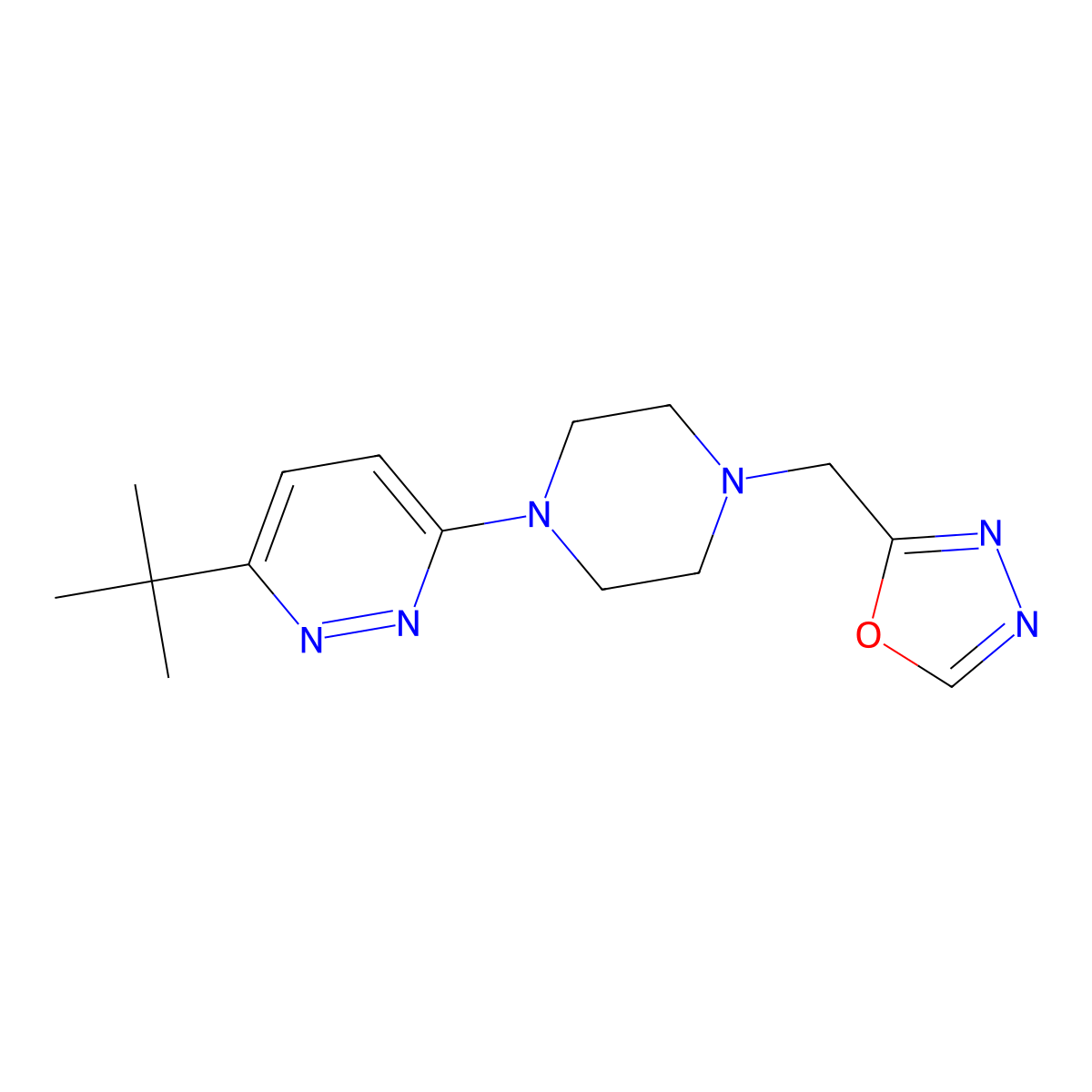 3-Tert-butyl-6-{4-[(1,3,4-oxadiazol-2-yl)methyl]piperazin-1-yl}pyridazine molecular structure, CAS 2380142-39-0