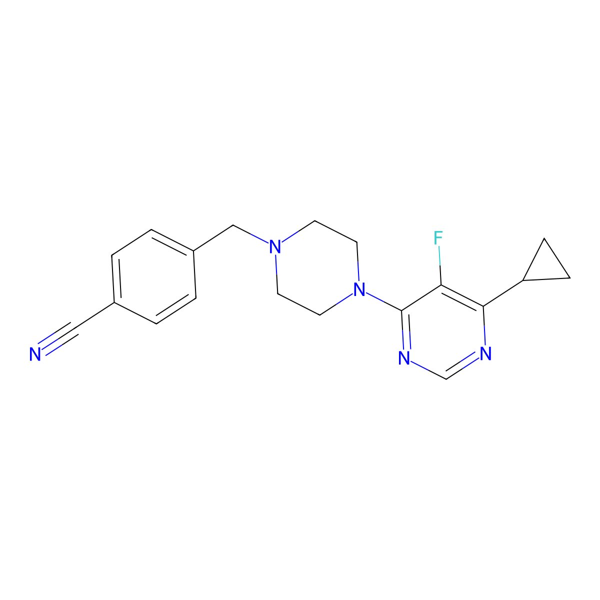 4-{[4-(6-Cyclopropyl-5-fluoropyrimidin-4-yl)piperazin-1-yl]methyl}benzonitrile molecular structure, CAS 2380142-55-0