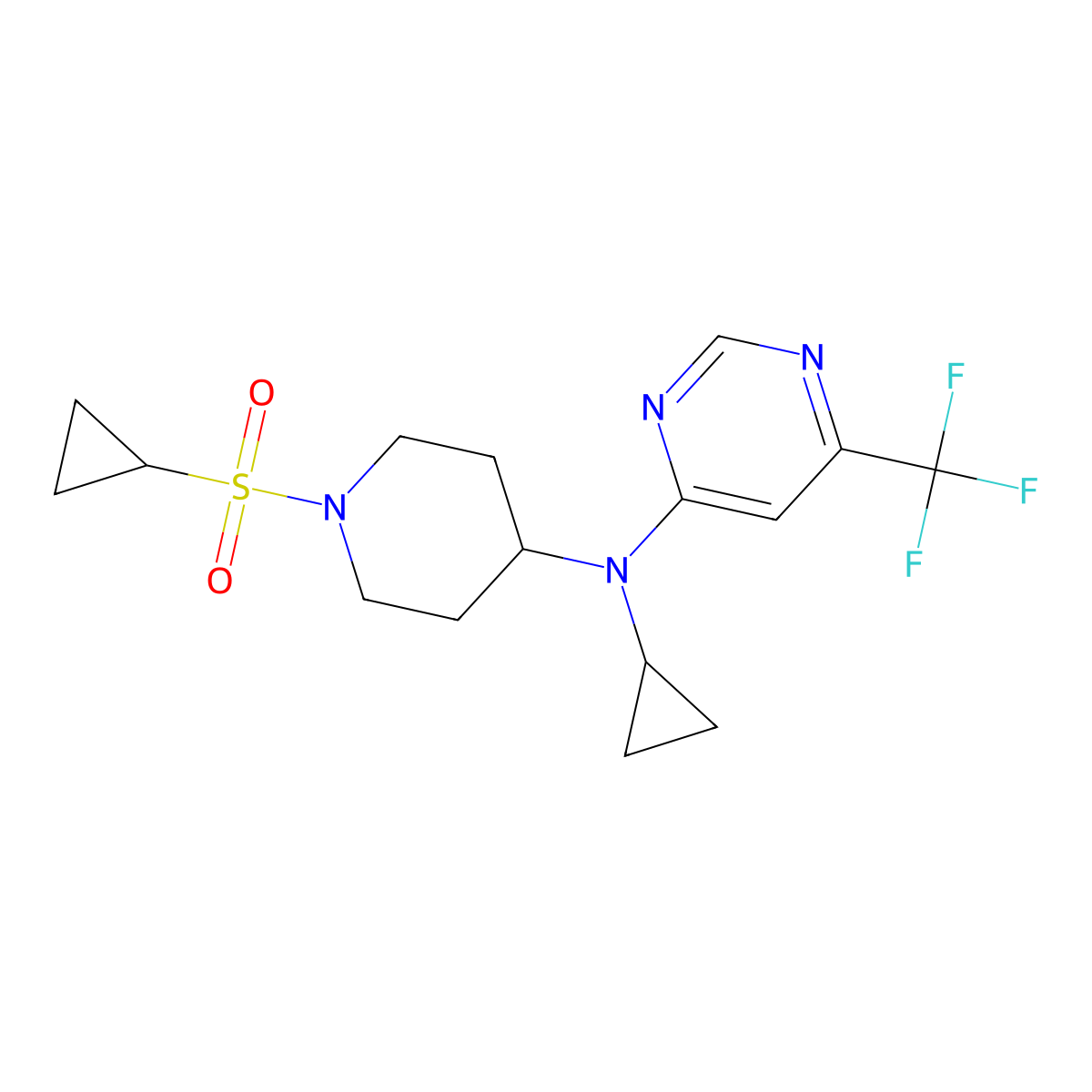 N-[1-(cyclopropanesulfonyl)piperidin-4-yl]-N-cyclopropyl-6-(trifluoromethyl)pyrimidin-4-amine molecular structure, CAS 2380142-58-3