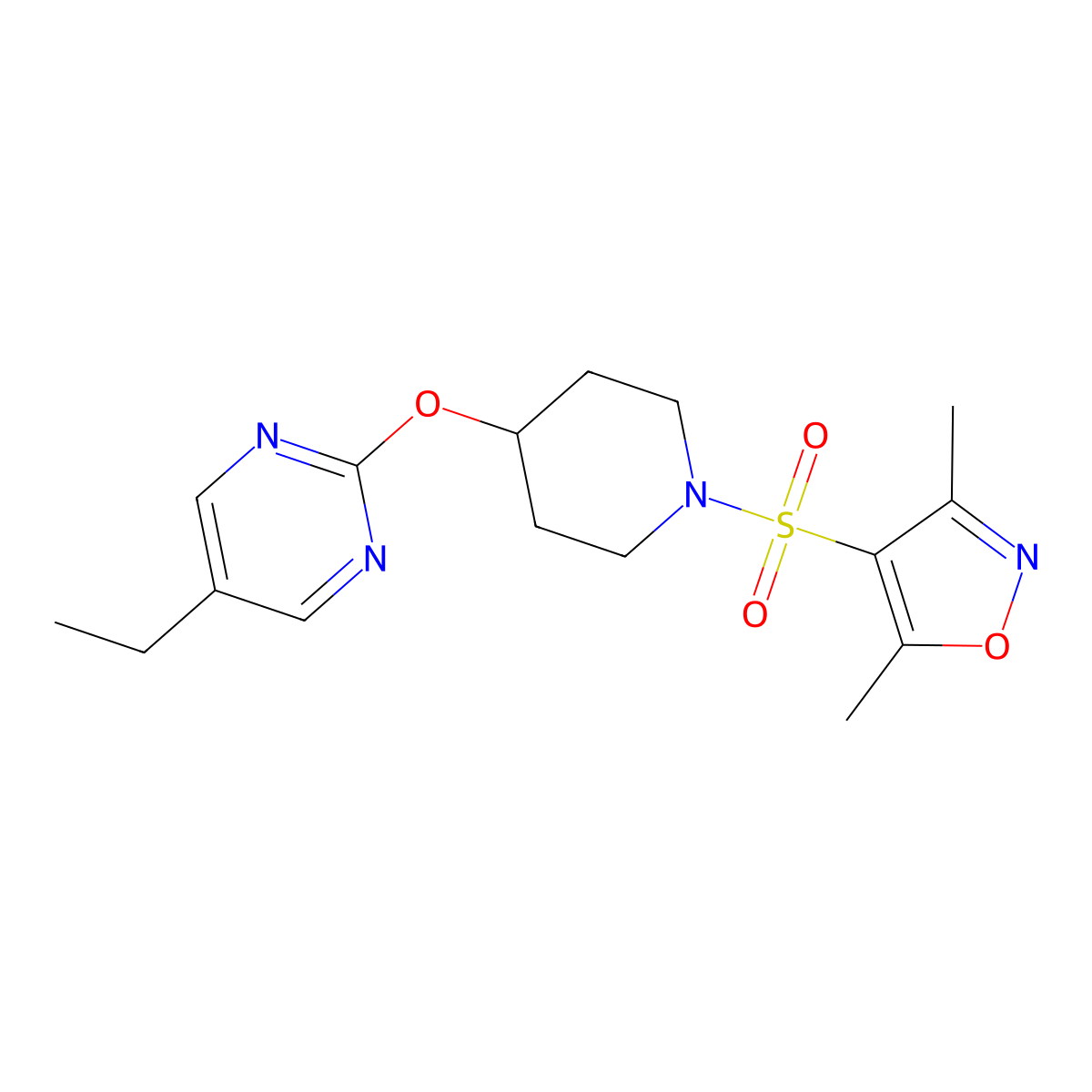 2-({1-[(3,5-Dimethyl-1,2-oxazol-4-yl)sulfonyl]piperidin-4-yl}oxy)-5-ethylpyrimidine molecular structure, CAS 2380142-73-2