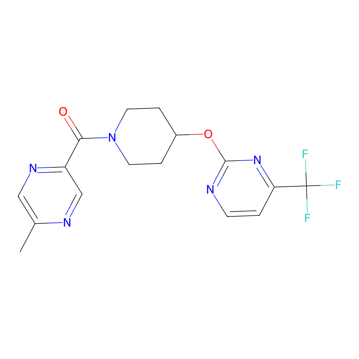 2-Methyl-5-(4-{[4-(trifluoromethyl)pyrimidin-2-yl]oxy}piperidine-1-carbonyl)pyrazine molecular structure, CAS 2380142-74-3