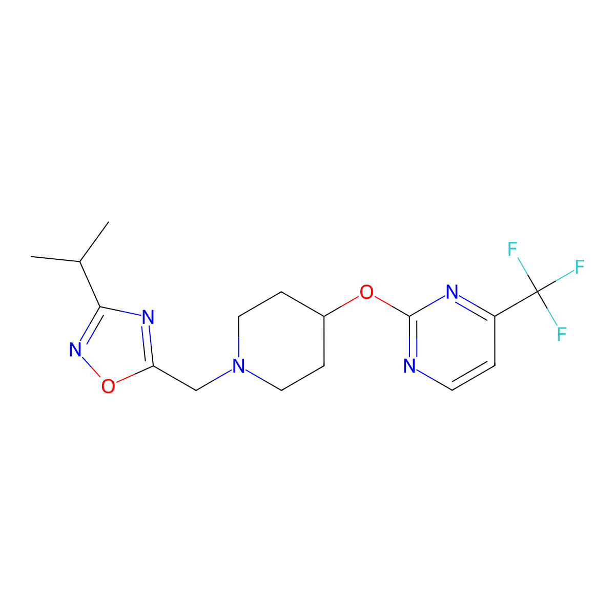 2-[(1-{[3-(Propan-2-yl)-1,2,4-oxadiazol-5-yl]methyl}piperidin-4-yl)oxy]-4-(trifluoromethyl)pyrimidine molecular structure, CAS 2380142-76-5