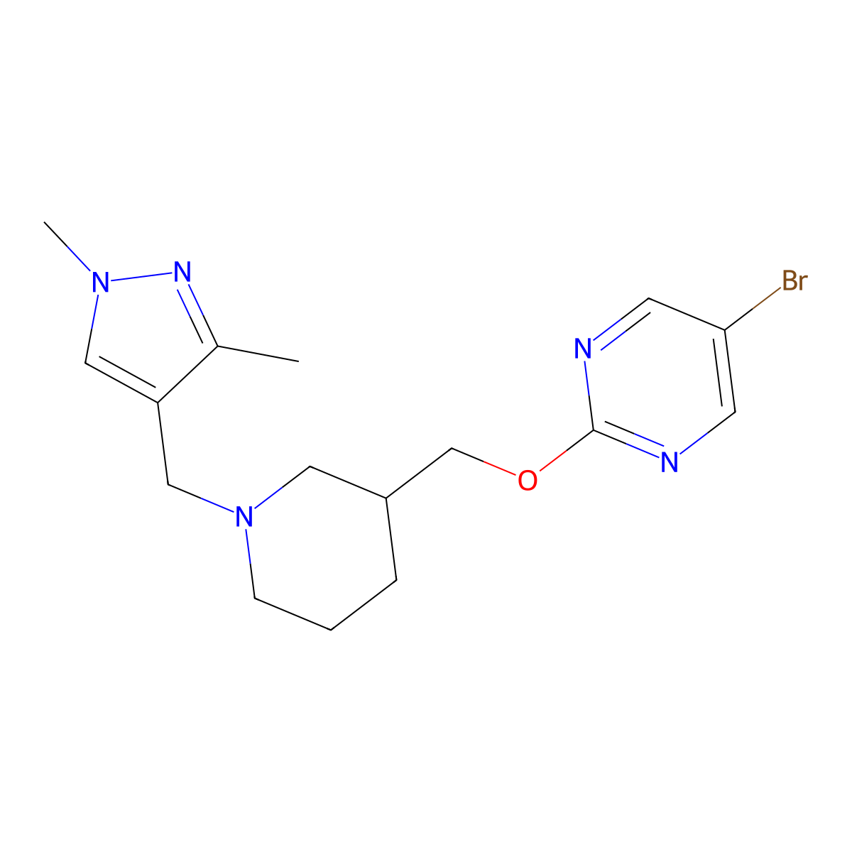 5-bromo-2-({1-[(1,3-dimethyl-1H-pyrazol-4-yl)methyl]piperidin-3-yl}methoxy)pyrimidine molecular structure, CAS 2380142-85-6