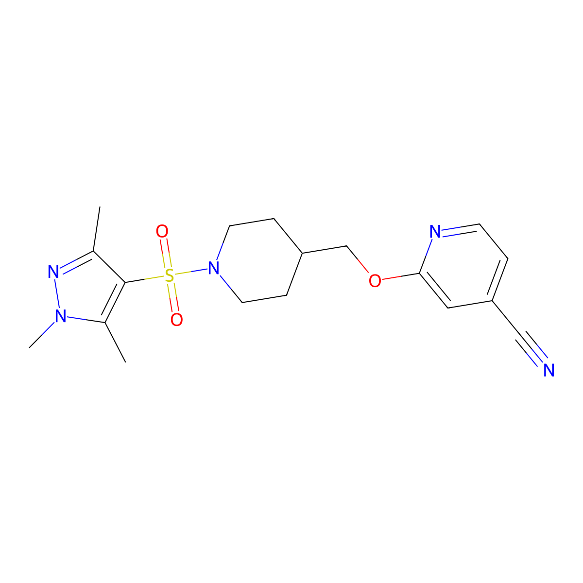 2-({1-[(1,3,5-trimethyl-1H-pyrazol-4-yl)sulfonyl]piperidin-4-yl}methoxy)pyridine-4-carbonitrile molecular structure, CAS 2380142-98-1