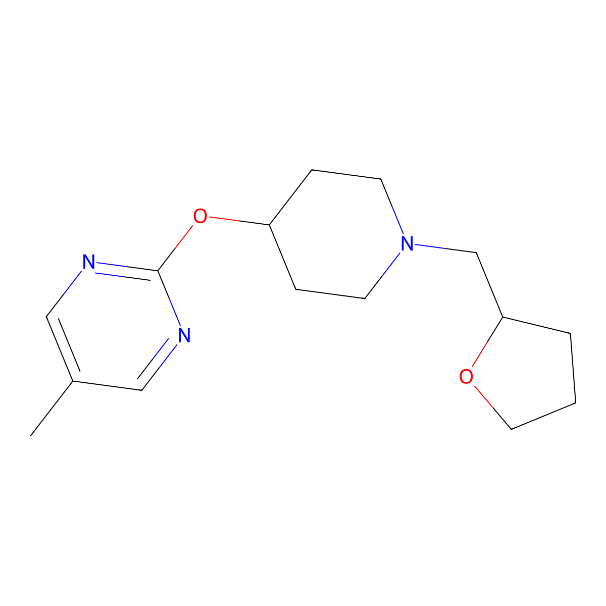 5-Methyl-2-({1-[(oxolan-2-yl)methyl]piperidin-4-yl}oxy)pyrimidine molecular structure, CAS 2380143-02-0