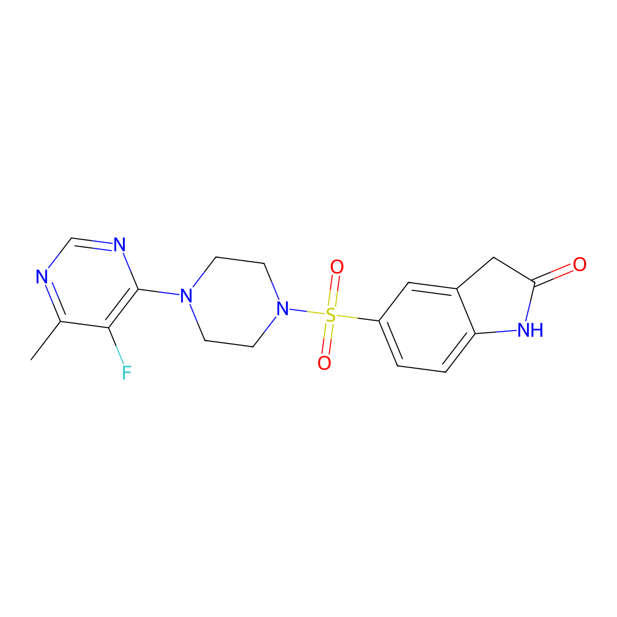 5-{[4-(5-fluoro-6-methylpyrimidin-4-yl)piperazin-1-yl]sulfonyl}-2,3-dihydro-1H-indol-2-one molecular structure, CAS 2380143-05-3