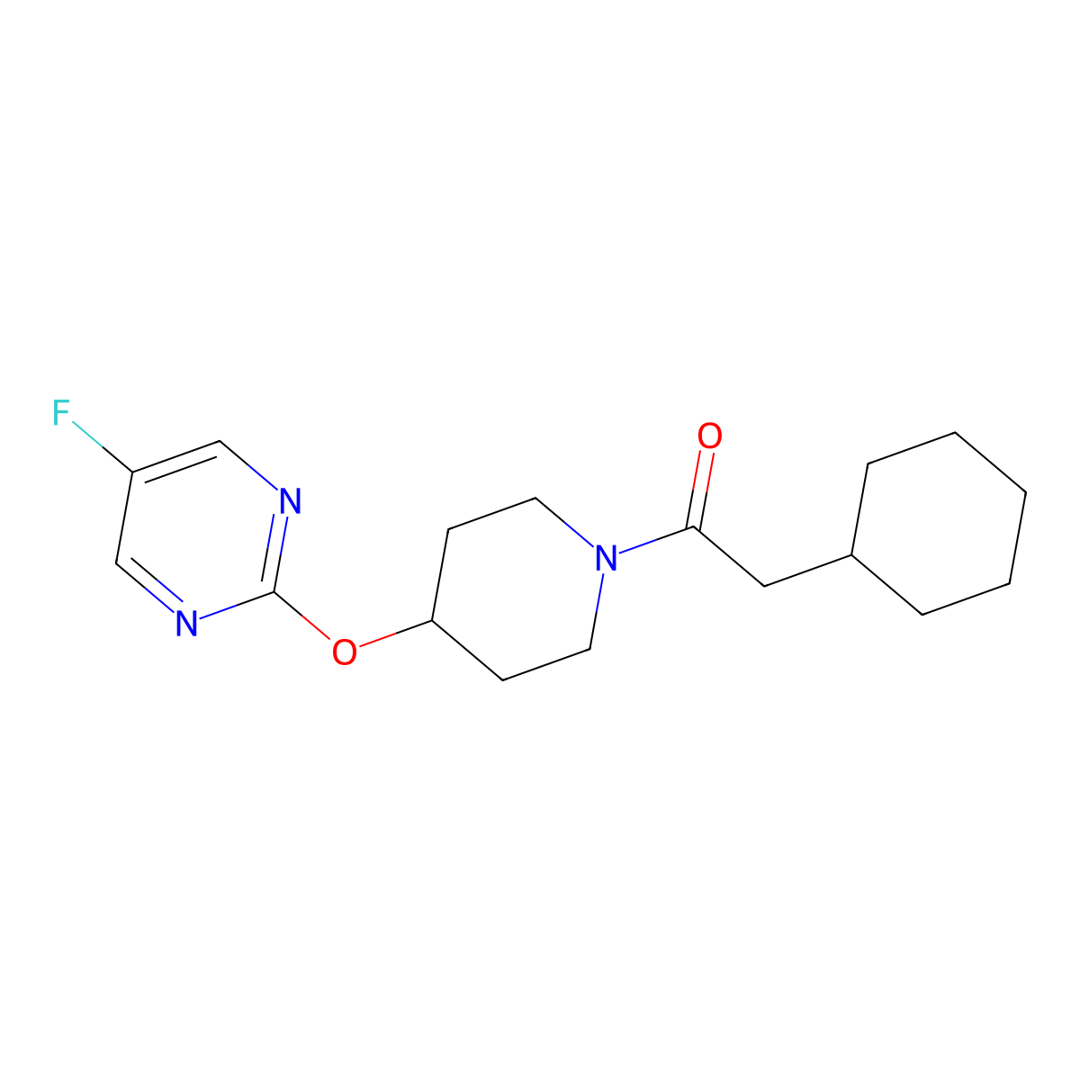2-Cyclohexyl-1-{4-[(5-fluoropyrimidin-2-yl)oxy]piperidin-1-yl}ethan-1-one molecular structure, CAS 2380143-13-3