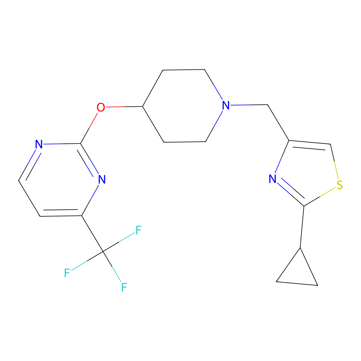 2-({1-[(2-Cyclopropyl-1,3-thiazol-4-yl)methyl]piperidin-4-yl}oxy)-4-(trifluoromethyl)pyrimidine molecular structure, CAS 2380143-14-4