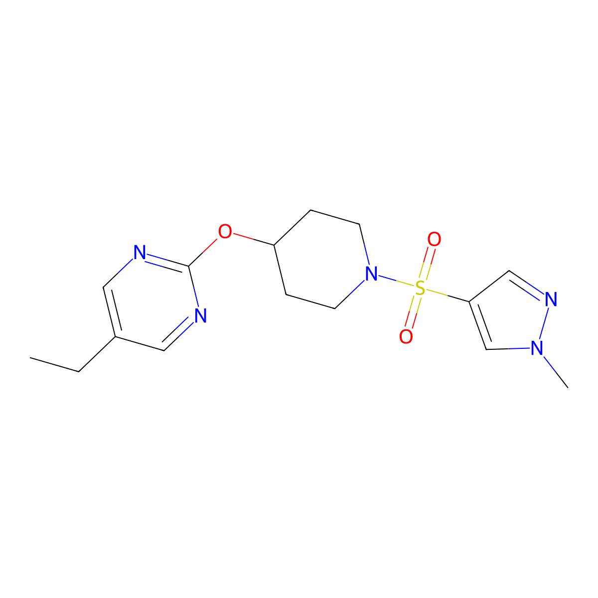 5-ethyl-2-({1-[(1-methyl-1H-pyrazol-4-yl)sulfonyl]piperidin-4-yl}oxy)pyrimidine molecular structure, CAS 2380143-32-6