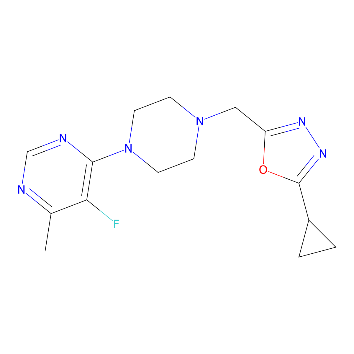 4-{4-[(5-Cyclopropyl-1,3,4-oxadiazol-2-yl)methyl]piperazin-1-yl}-5-fluoro-6-methylpyrimidine molecular structure, CAS 2380143-38-2