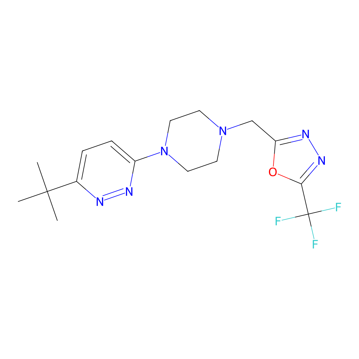 3-Tert-butyl-6-(4-{[5-(trifluoromethyl)-1,3,4-oxadiazol-2-yl]methyl}piperazin-1-yl)pyridazine molecular structure, CAS 2380143-42-8