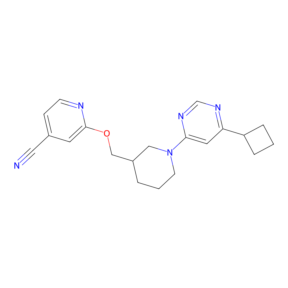 2-{[1-(6-Cyclobutylpyrimidin-4-yl)piperidin-3-yl]methoxy}pyridine-4-carbonitrile molecular structure, CAS 2380143-54-2