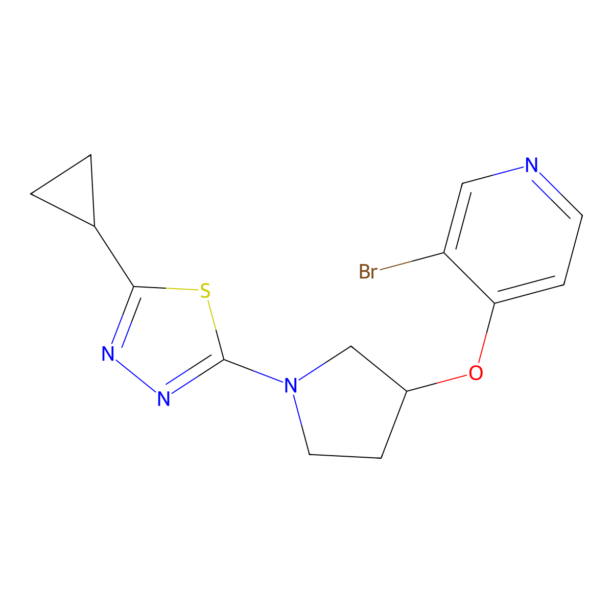3-Bromo-4-{[1-(5-cyclopropyl-1,3,4-thiadiazol-2-yl)pyrrolidin-3-yl]oxy}pyridine molecular structure, CAS 2380143-90-6