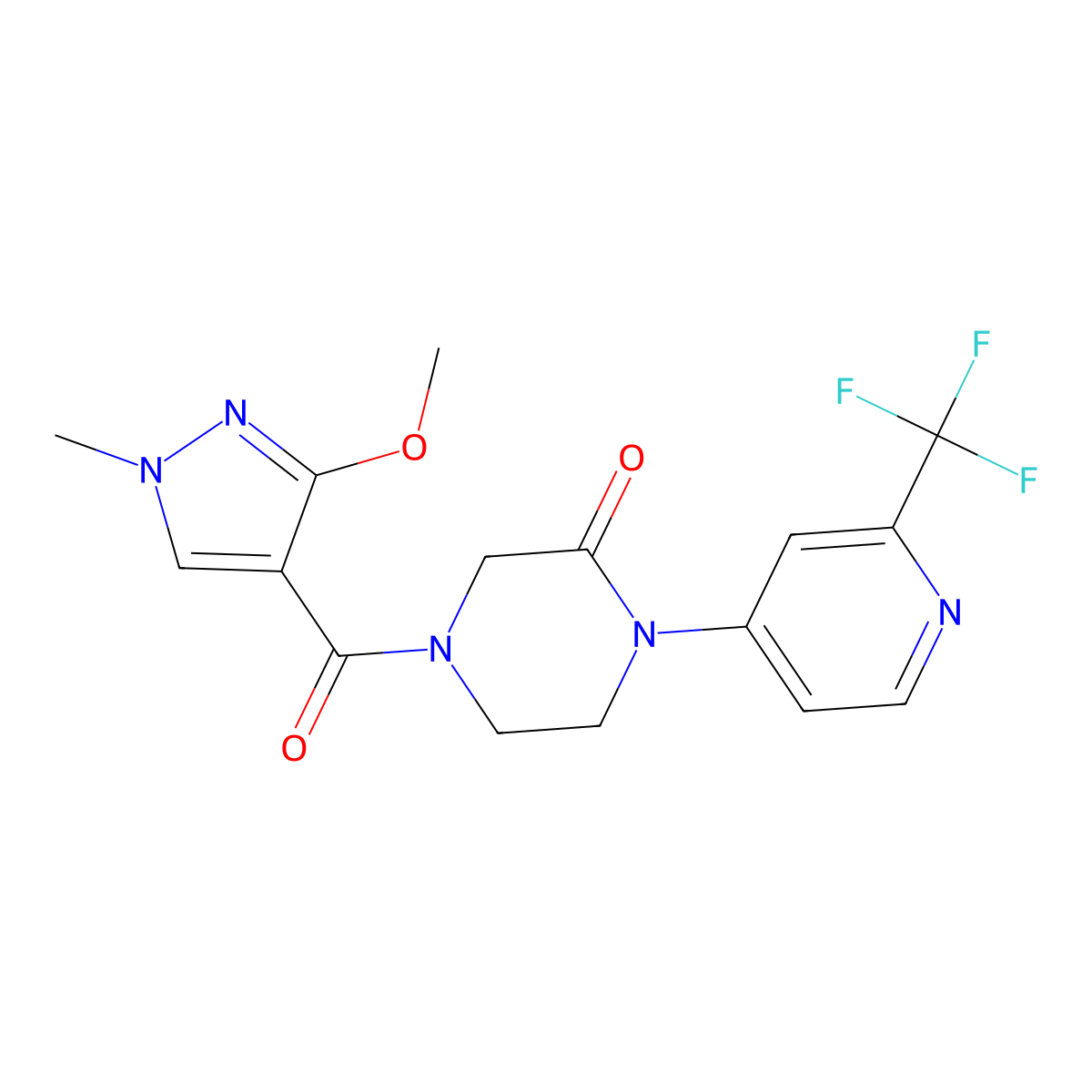 4-(3-methoxy-1-methyl-1H-pyrazole-4-carbonyl)-1-[2-(trifluoromethyl)pyridin-4-yl]piperazin-2-one molecular structure, CAS 2380143-97-3