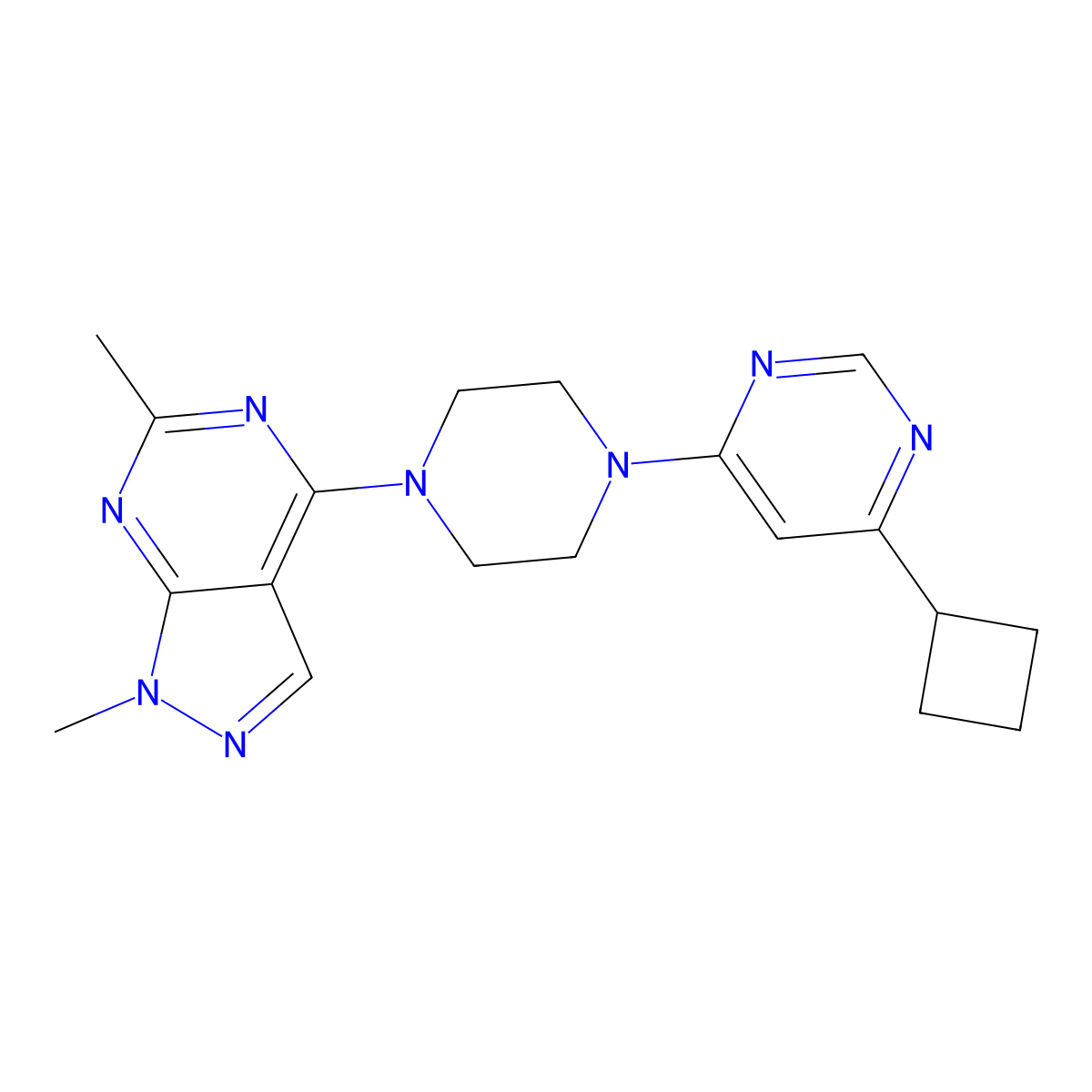 4-cyclobutyl-6-(4-{1,6-dimethyl-1H-pyrazolo[3,4-d]pyrimidin-4-yl}piperazin-1-yl)pyrimidine molecular structure, CAS 2380144-27-2