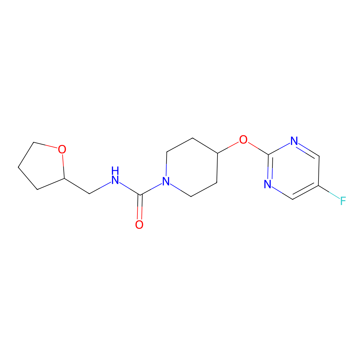 4-[(5-fluoropyrimidin-2-yl)oxy]-N-[(oxolan-2-yl)methyl]piperidine-1-carboxamide molecular structure, CAS 2380144-38-5