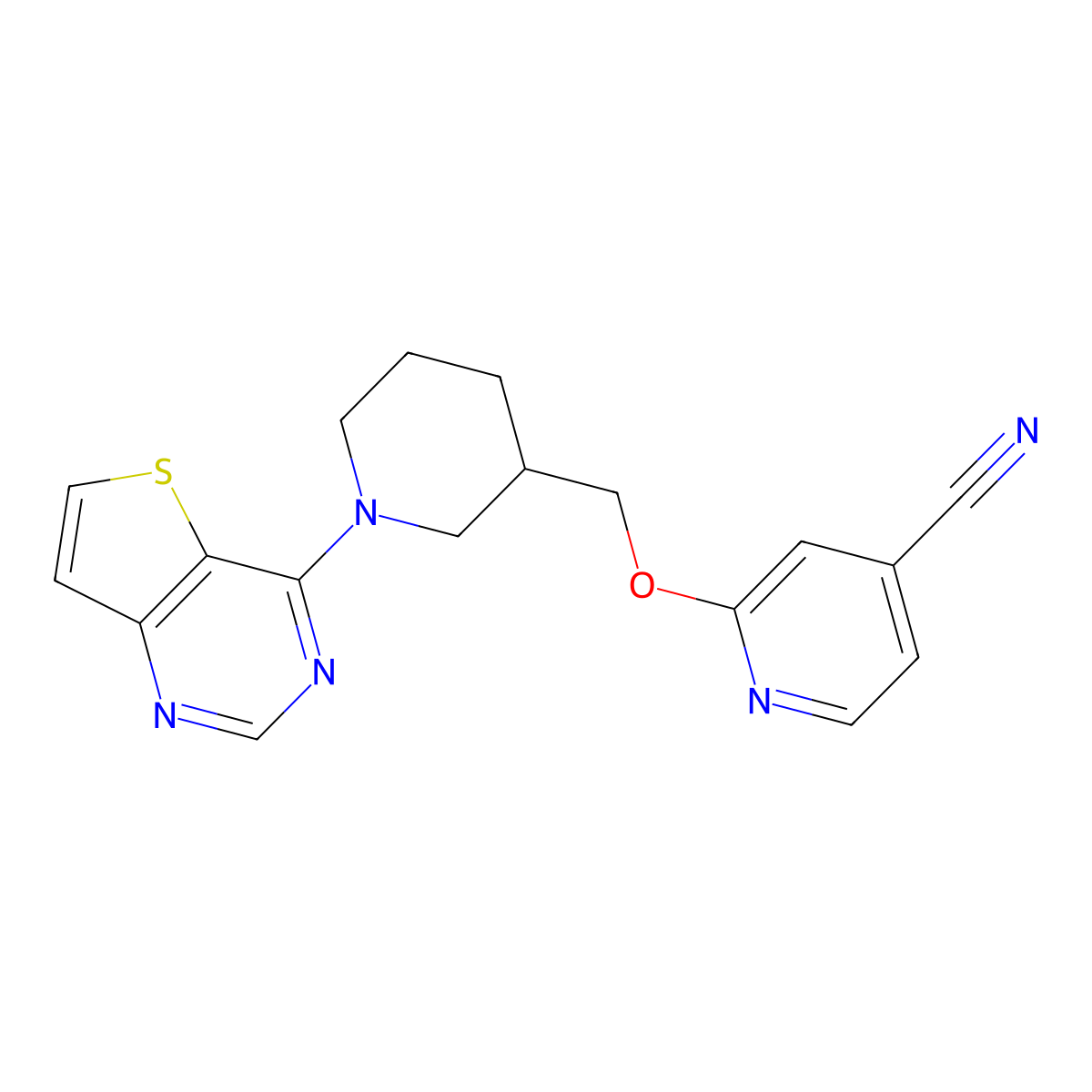 2-[(1-{Thieno[3,2-d]pyrimidin-4-yl}piperidin-3-yl)methoxy]pyridine-4-carbonitrile molecular structure, CAS 2380144-39-6