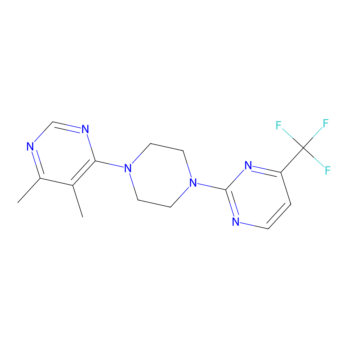 4,5-Dimethyl-6-{4-[4-(trifluoromethyl)pyrimidin-2-yl]piperazin-1-yl}pyrimidine molecular structure, CAS 2380144-43-2