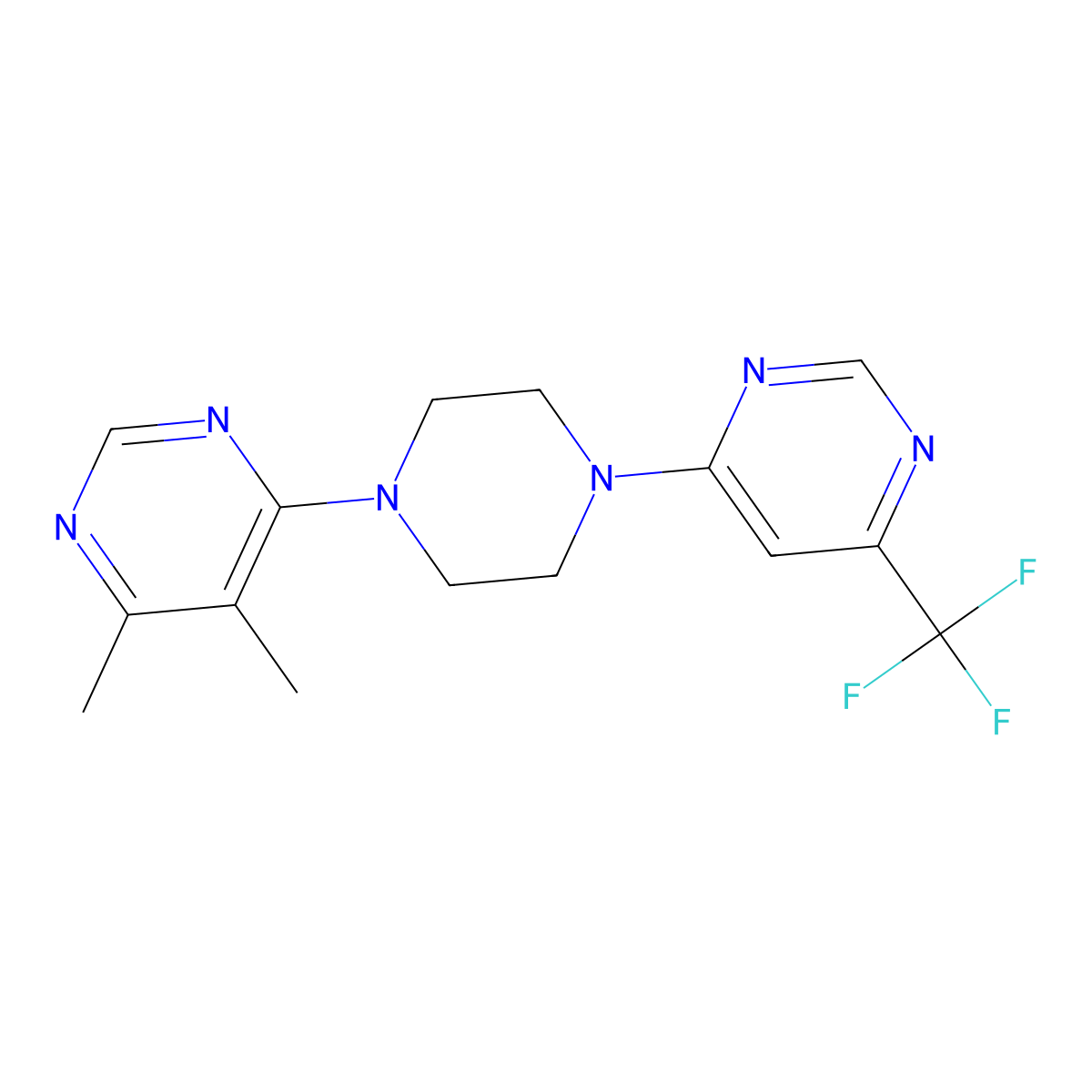 4,5-Dimethyl-6-{4-[6-(trifluoromethyl)pyrimidin-4-yl]piperazin-1-yl}pyrimidine molecular structure, CAS 2380144-48-7