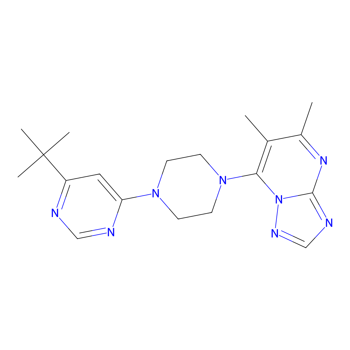 4-Tert-butyl-6-(4-{5,6-dimethyl-[1,2,4]triazolo[1,5-a]pyrimidin-7-yl}piperazin-1-yl)pyrimidine molecular structure, CAS 2380144-56-7