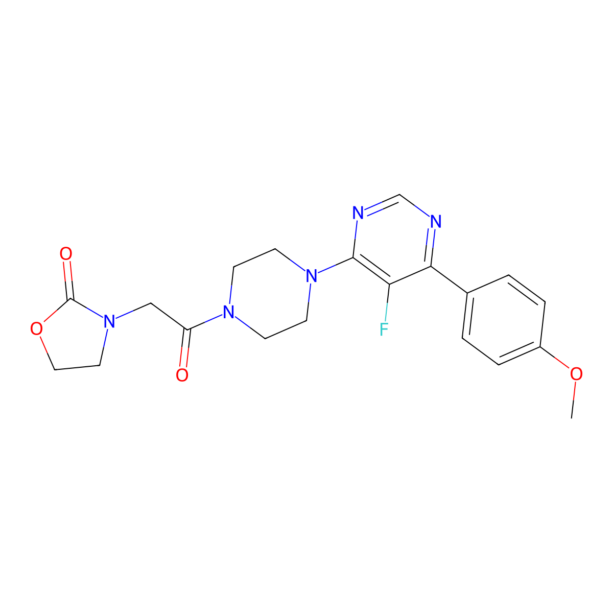 3-(2-{4-[5-Fluoro-6-(4-methoxyphenyl)pyrimidin-4-yl]piperazin-1-yl}-2-oxoethyl)-1,3-oxazolidin-2-one molecular structure, CAS 2380144-58-9